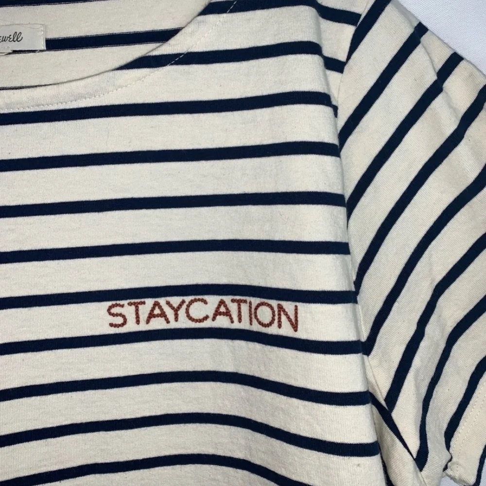 MADEWELL Staycation Embroidered Boxy Blue Ecru Stripe Tee NWT - Picture 9 of 11